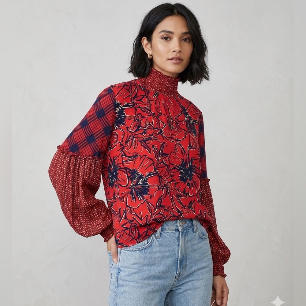 Blank London Anthropologie Red Floral Rayon Mock Neck Long Sleeve Blouse XL